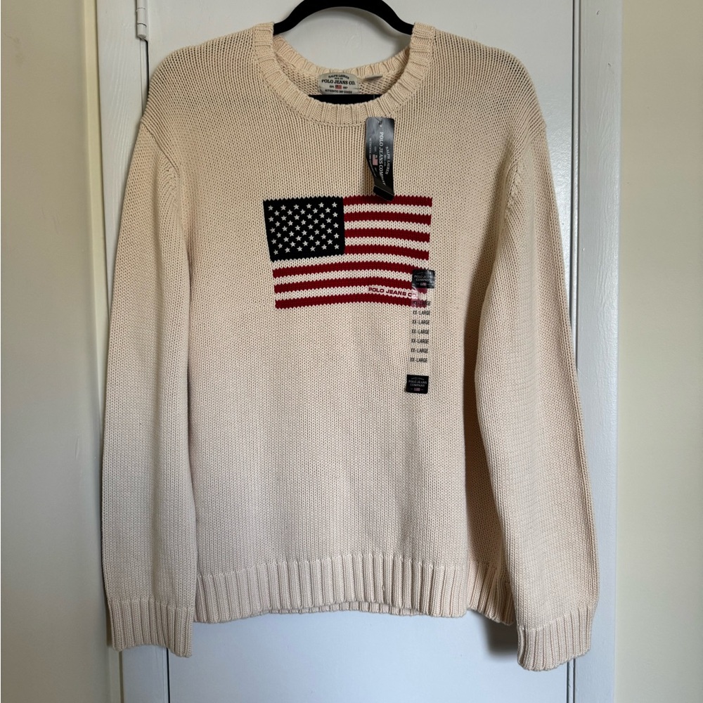 Ralph Lauren Cream Crewneck Sweater with American Flag